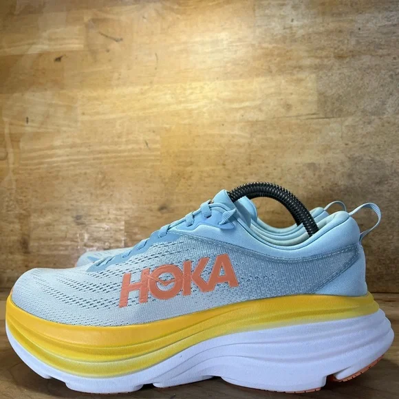 Hoka One One Bondi 8 REFLECTIVE Womens Sz 10 Running Shoes Sneakers Blue Yellow - Picture 4 of 12